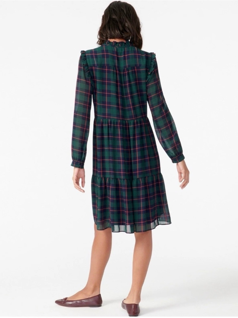 J. Crew XL Black Red + Green Tie Neck Tartan Plaid Holiday Ruffle Dress - Picture 4 of 14